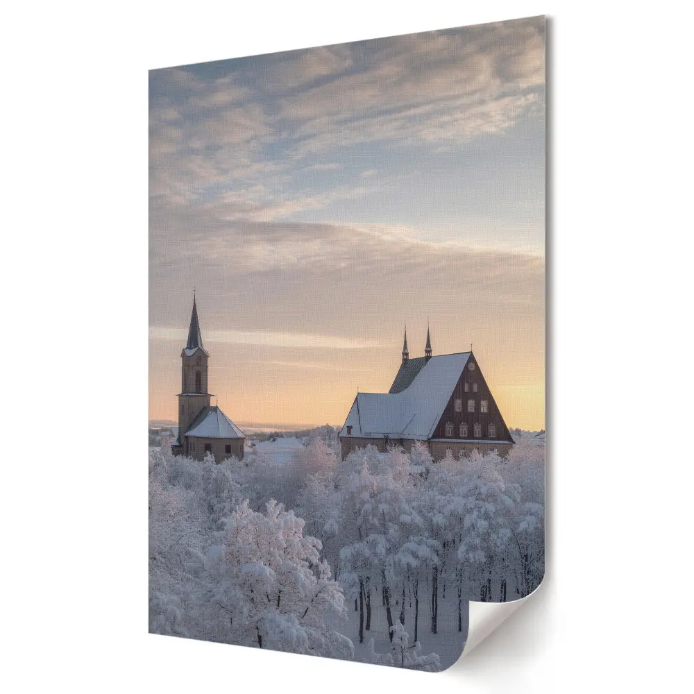 Stylowy plakat na ścianę Zimowy poranek nad świątynią w lesie
