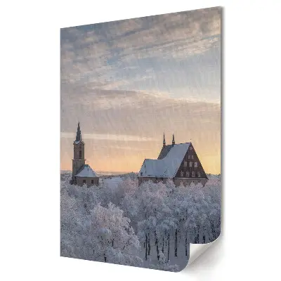 Stylowy plakat na ścianę Zimowy poranek nad świątynią w lesie