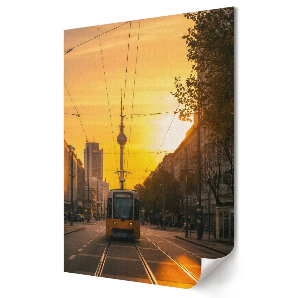 Plakat na materiale polycanvas Zachód słońca nad berlińskim tramwajem
