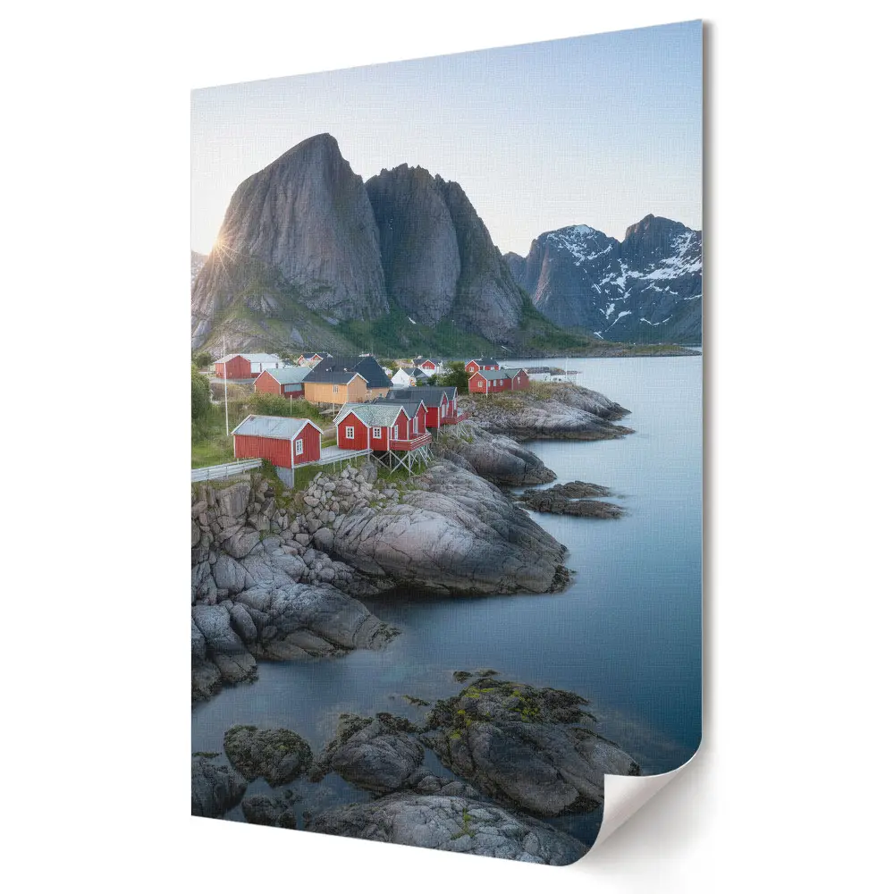Nowoczesny plakat dekoracyjny Malownicze domki nad fiordem w Norwegii