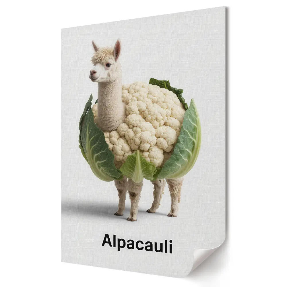 Stylowy plakat na ścianę z grafiką alpaki w kapuście i kalafiorze