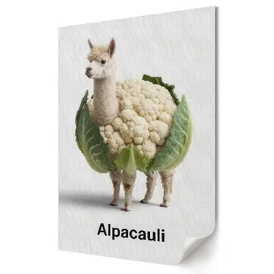Stylowy plakat na ścianę z grafiką alpaki w kapuście i kalafiorze