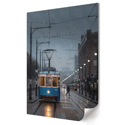 Nowoczesny plakat dekoracyjny Zimowy tramwaj w miejskim krajobrazie