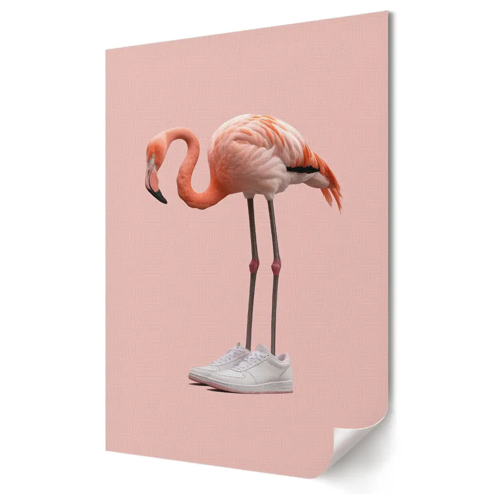 Plakat na materiale polycanvas Flamingo w sportowych butach na różowym tle