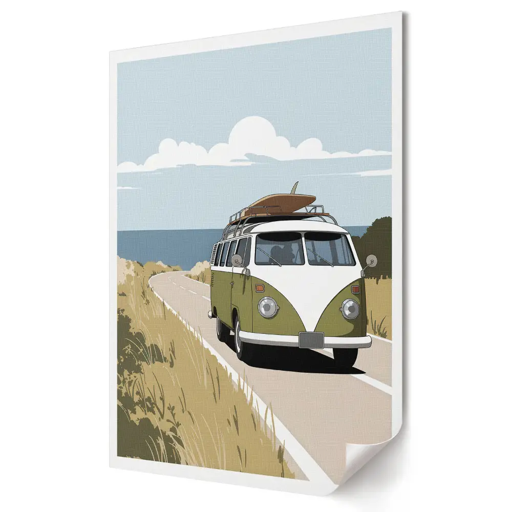 Plakat na materiale polycanvas Kultowy van w drodze do przygody
