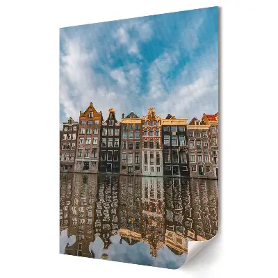 Stylowy plakat na ścianę z motywem odbicia kolorowych kamienic w Amsterdamie