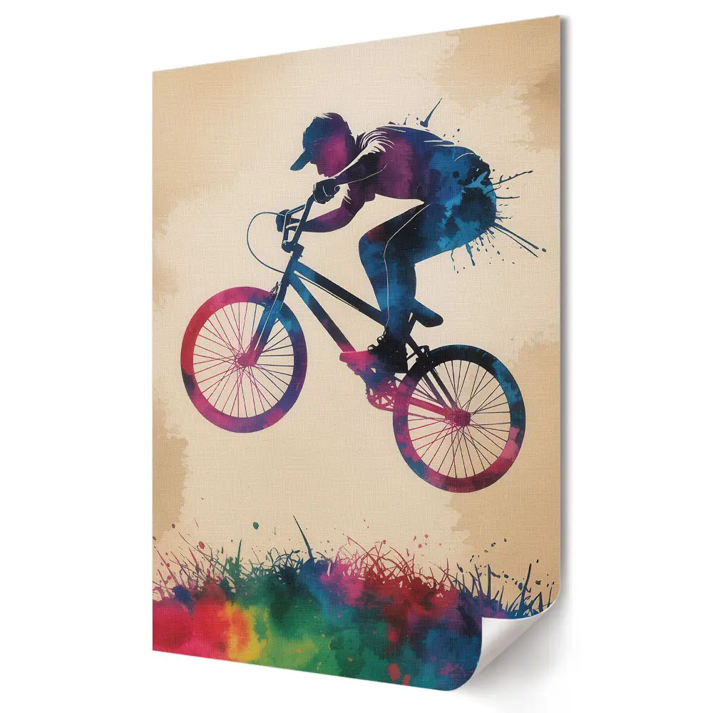 Plakat na materiale polycanvas z grafiką kolorowego skoku na rowerze BMX