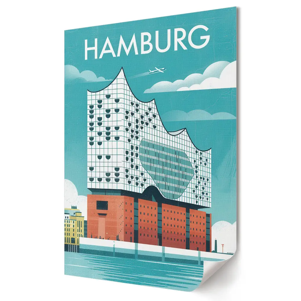 Stylowy plakat na ścianę z ilustracją nowoczesnej architektury Hamburga