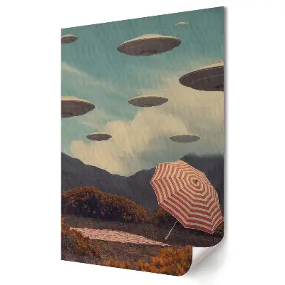 Stylowy plakat na ścianę z motywem UFO nad krajobrazem z parasolem