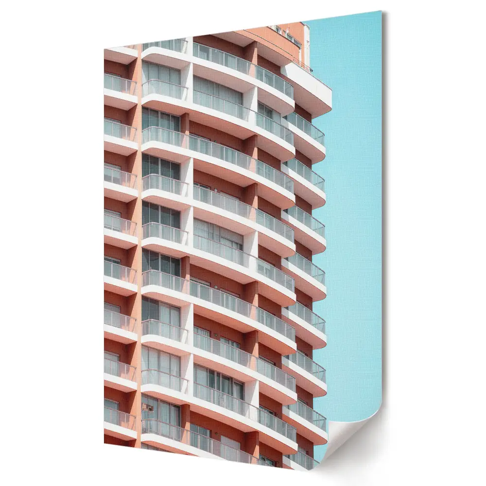 Nowoczesny plakat dekoracyjny prezentujący nowoczesną architekturę w pastelowych kolorach