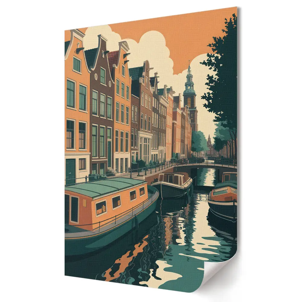 Nowoczesny plakat dekoracyjny Urokliwe kanały Amsterdamu o zachodzie słońca