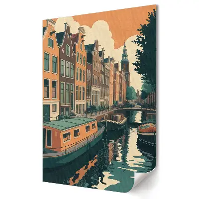 Nowoczesny plakat dekoracyjny Urokliwe kanały Amsterdamu o zachodzie słońca