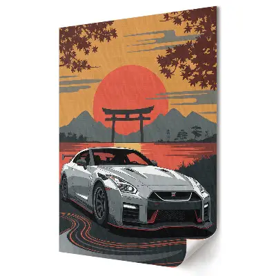 Stylowy plakat na ścianę z japońskim samochodem sportowym przy zachodzie słońca