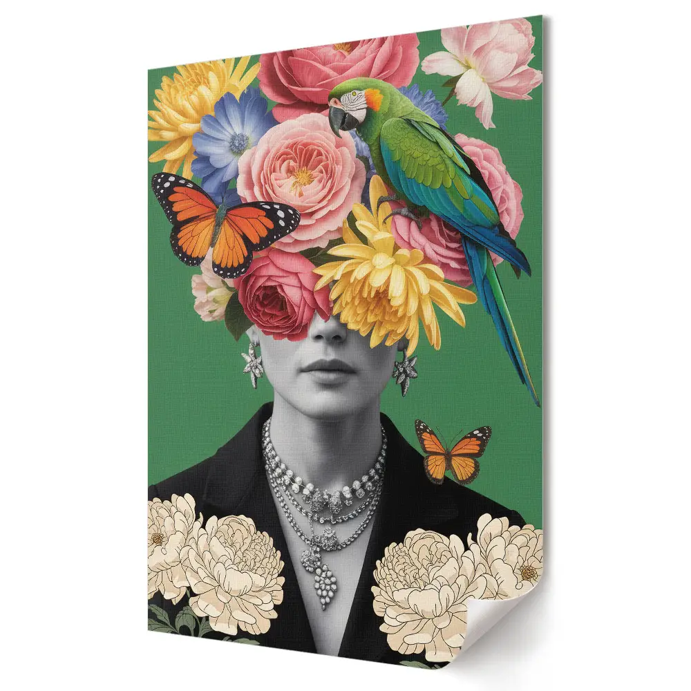 Plakat na materiale polycanvas Kwiatowa wizja z kolorowym ptakiem