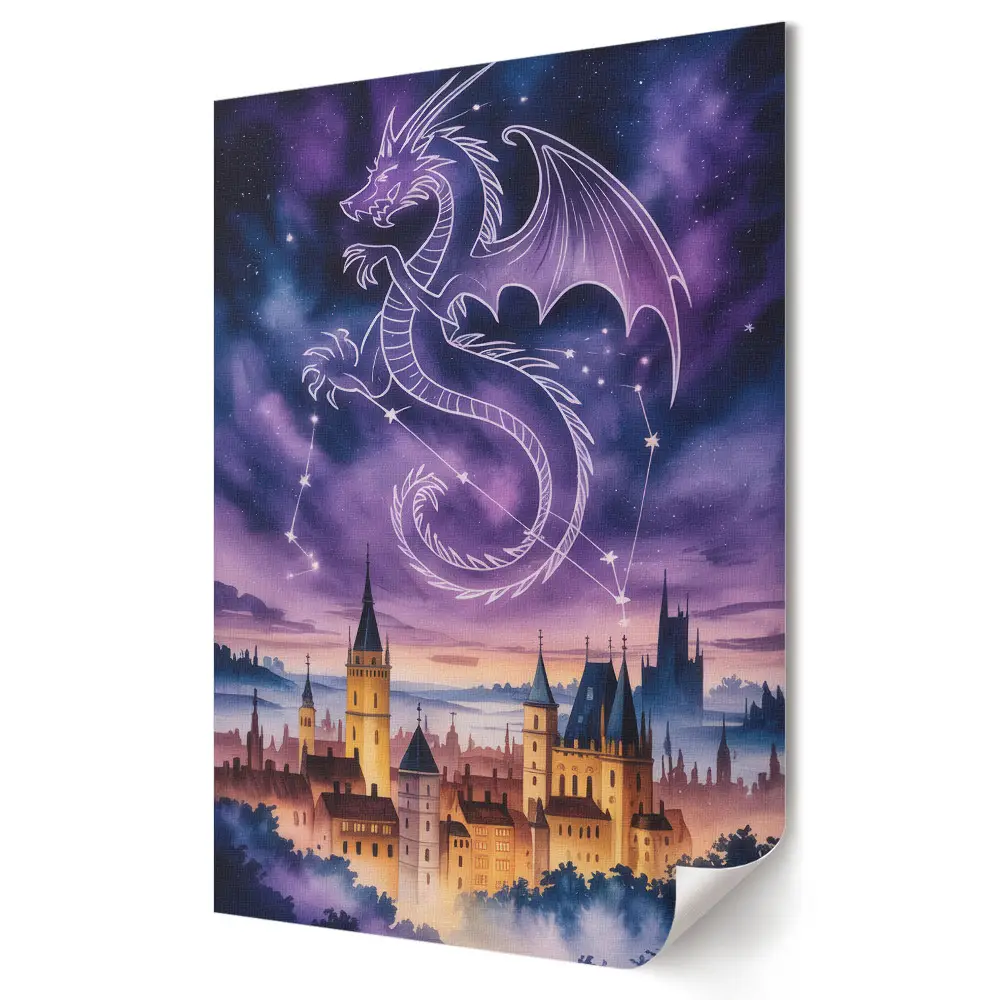 Grafika ścienna na płótnie Smok nad magicznym miastem w nocy