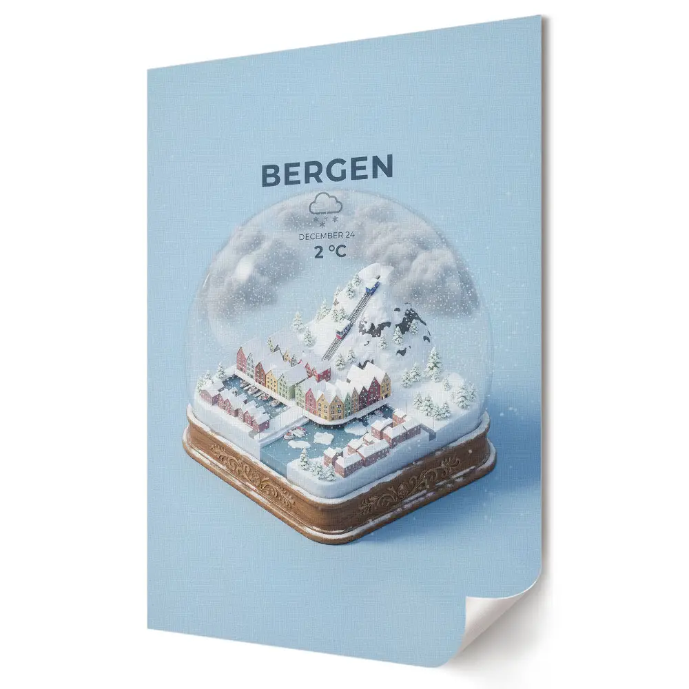 Nowoczesny plakat dekoracyjny Zimowy krajobraz Bergen w kuli śnieżnej