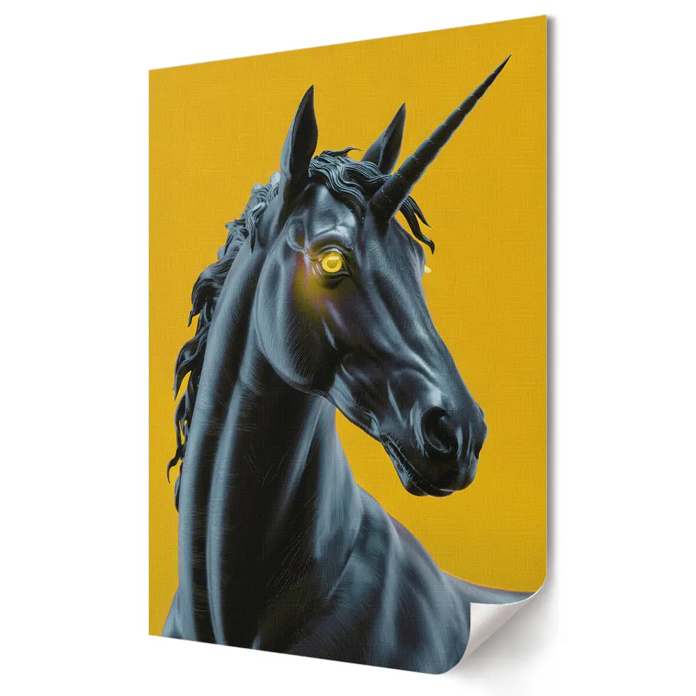 Plakat na materiale polycanvas Czarny jednorożec na żółtym tle