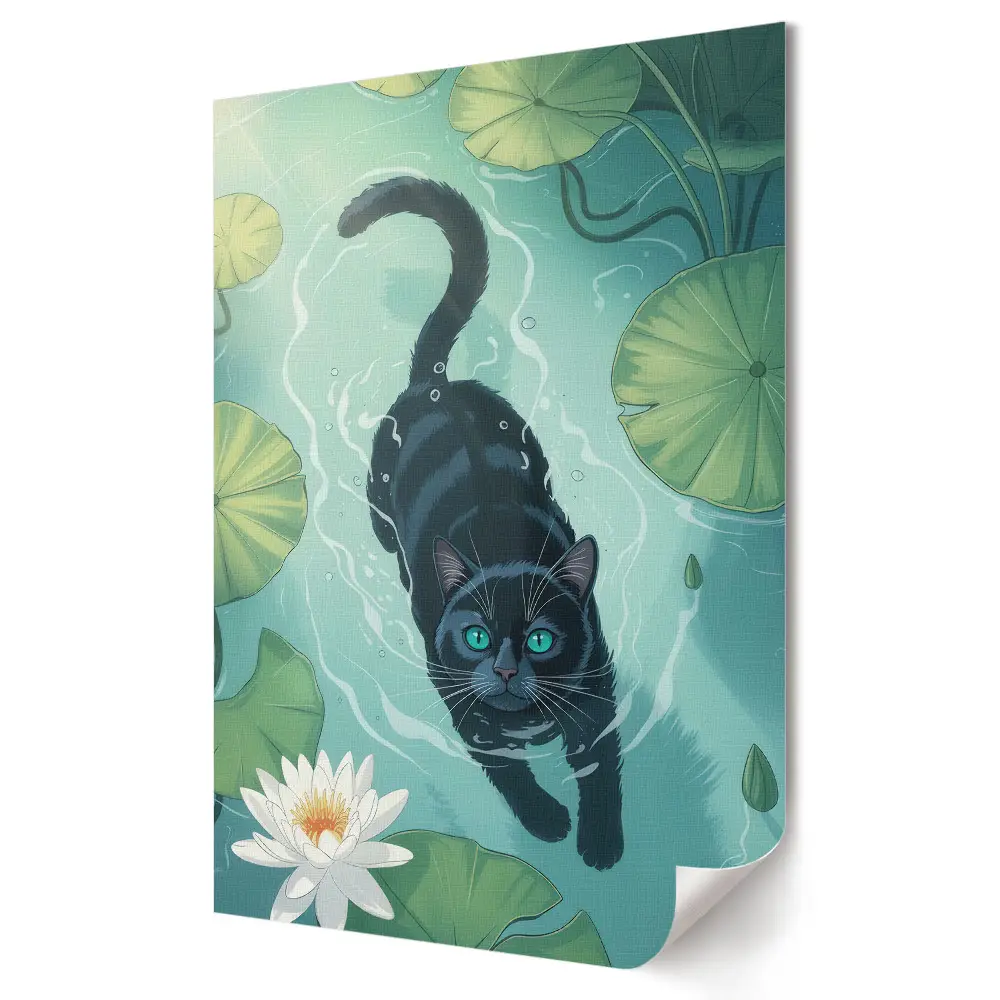 Plakat na materiale polycanvas Kot w wodnym raju z liliami
