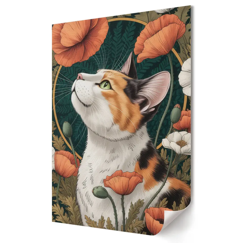 Plakat na materiale polycanvas Kot wśród kwiatów i zieleni