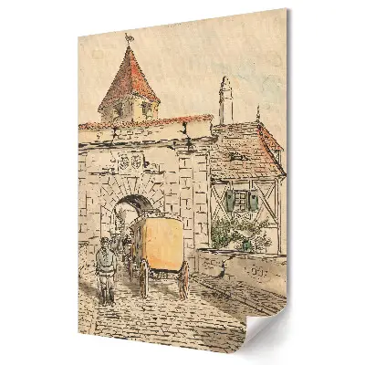 Plakat na materiale polycanvas Stara brama miasta z wozem