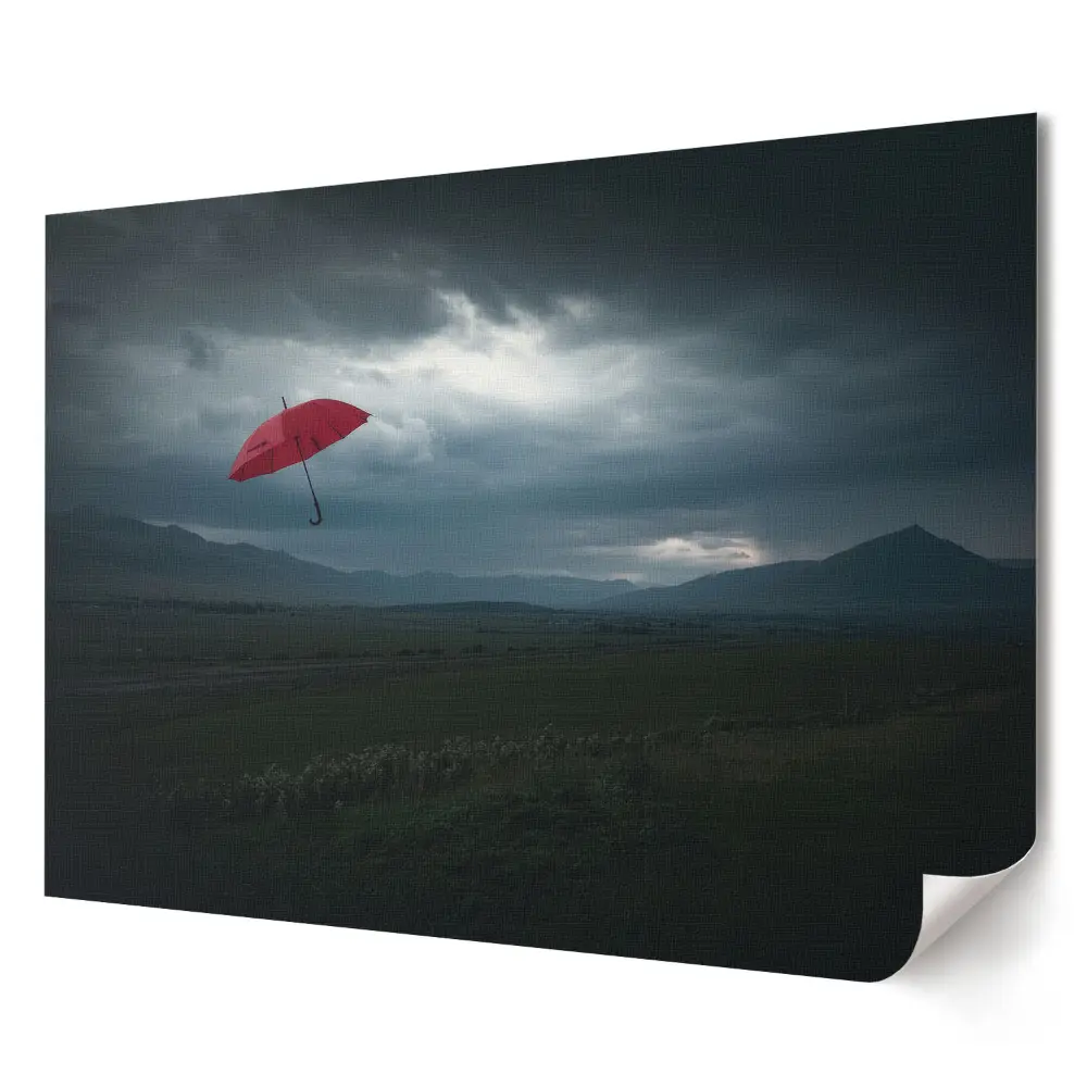 Plakat ścienny premium Czerwony parasol w mrocznym krajobrazie