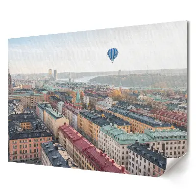 Plakat ścienny premium Widok na miasto z balonem na gorące powietrze
