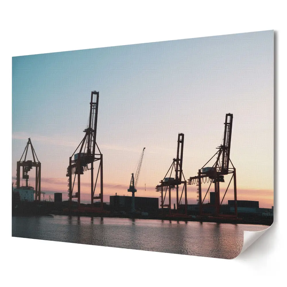 Plakat ścienny premium Portowe dźwigi o zachodzie słońca