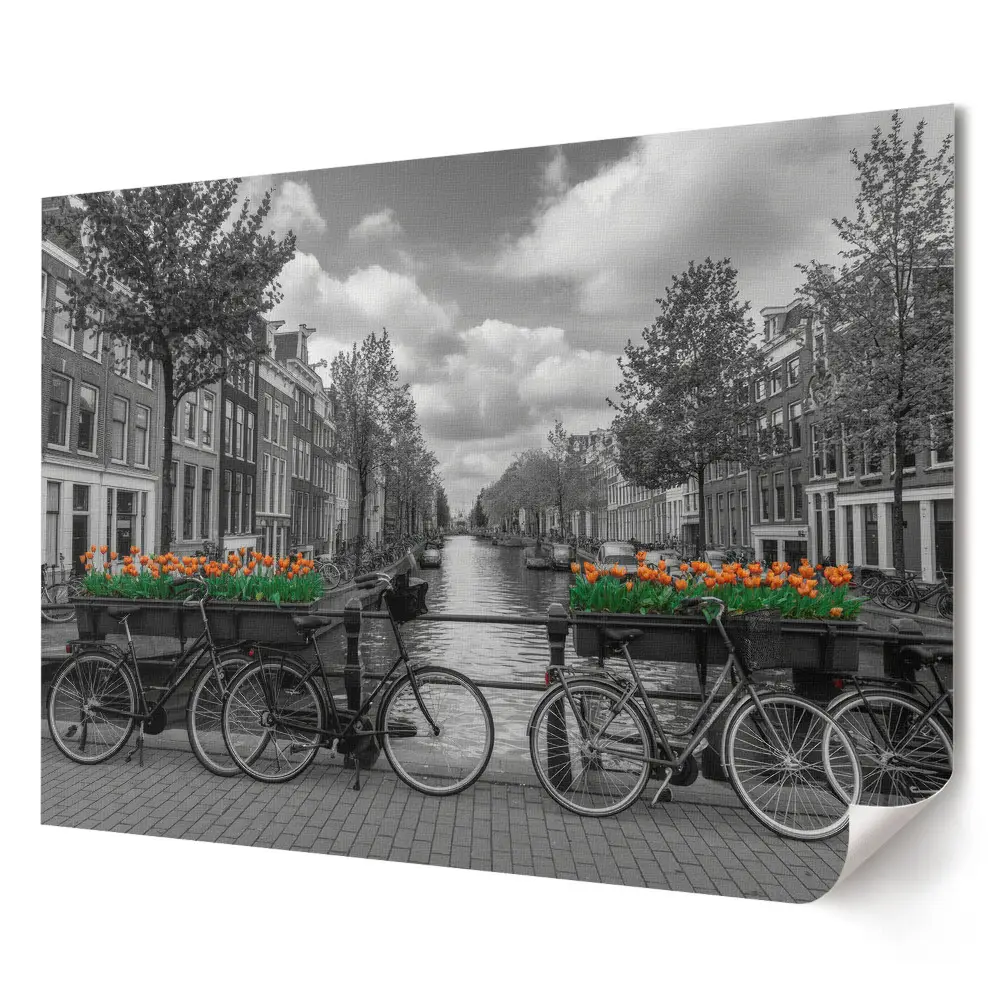 Artystyczny wydruk na płótnie Rowery i tulipany w Amsterdamie
