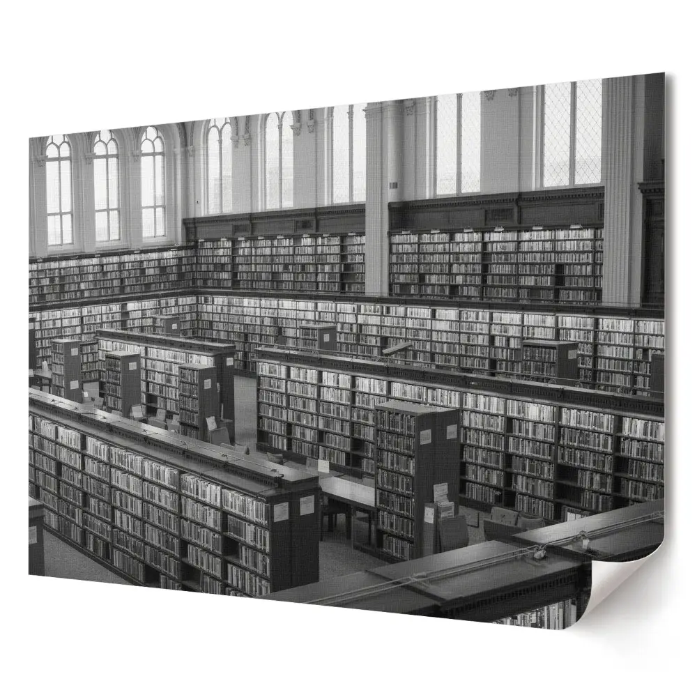 Artystyczny wydruk na płótnie przedstawiający bibliotekę pełną książek w odcieniach monochromatycznych