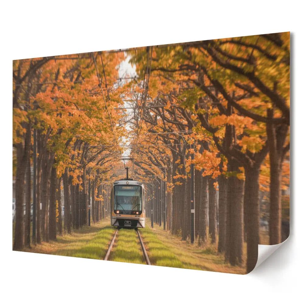 Plakat ścienny premium Tramwaj w jesiennej alei drzew