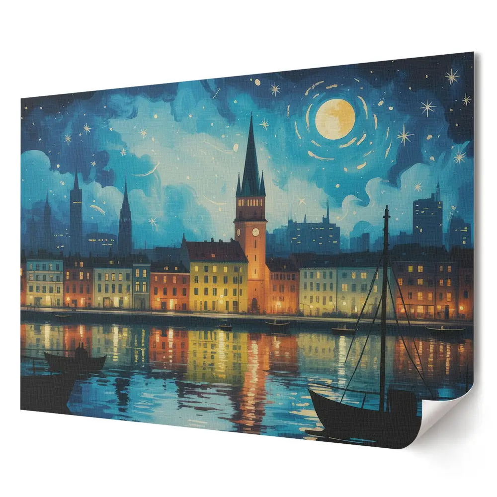 Elegancki plakat do salonu nocna panorama miasta nad rzeką