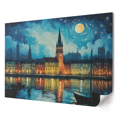 Elegancki plakat do salonu nocna panorama miasta nad rzeką
