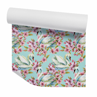 Tapeta Łabędzie w różowych kwiatach