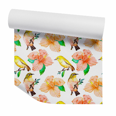 Tapeta Żółte ptaki i kwiaty