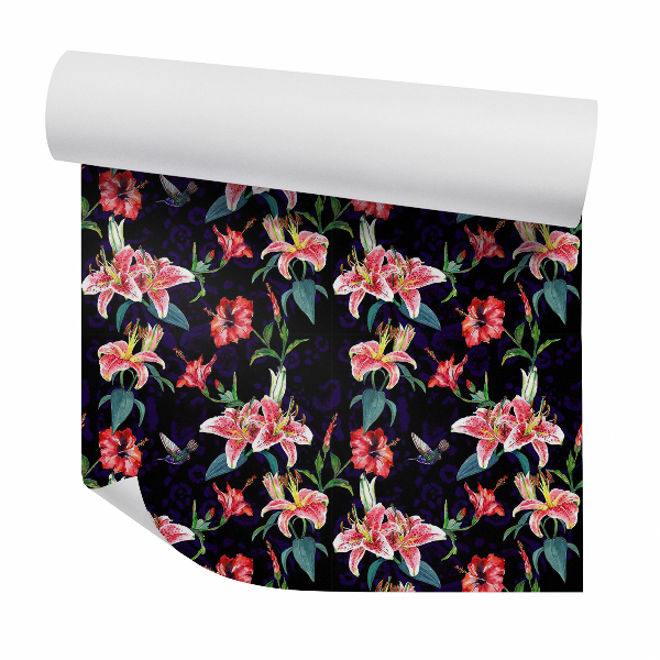 Tapeta Kolibry w tropikalnych kwiatach