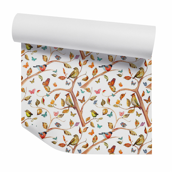 Tapeta Jesienny ptaki na gałęziach wśród motyli