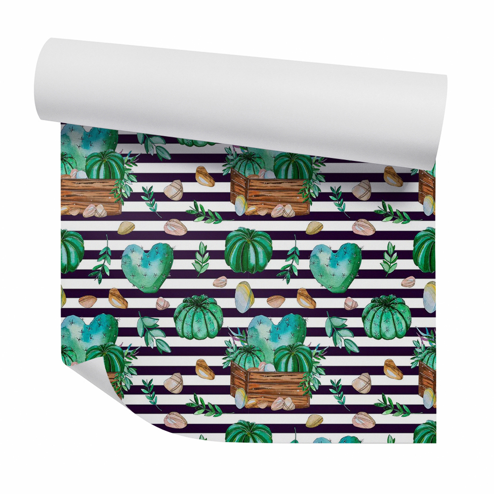 Okleina samoprzylepna na ścianę Kaktusy i kamyki na tle w pasy