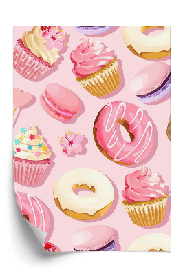 Tapeta Lody ciastka pączki na różoweym tle