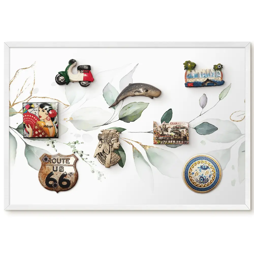 Tablica magnetyczna w białej ramie z motywem akwarelowych liści w odcieniach zieleni i szarości