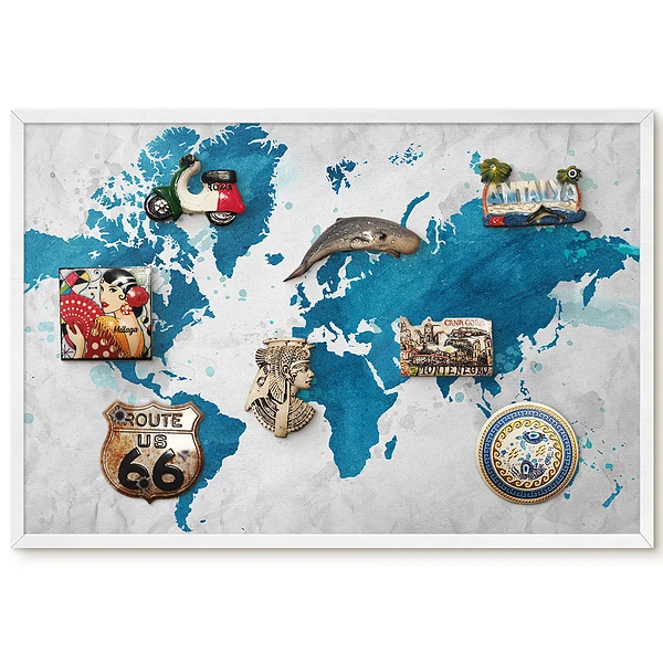Metalowa tablica magnetyczna Mapa świata akwarela niebieskie tło