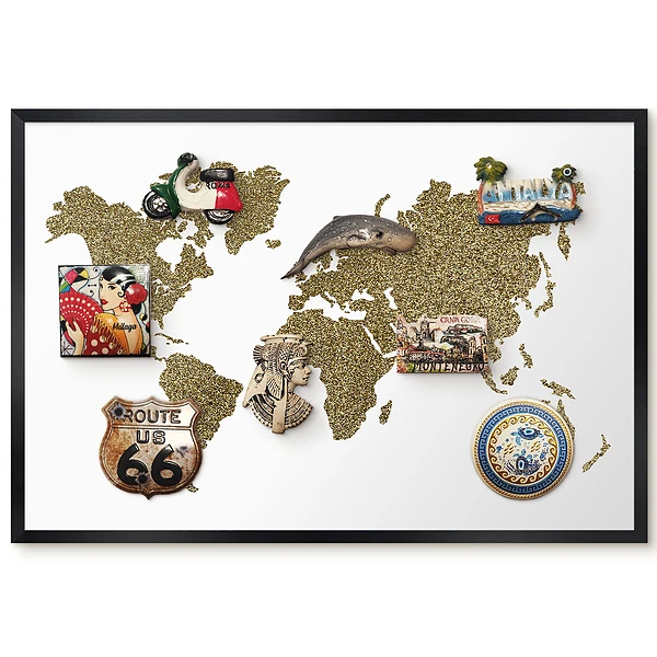 Metalowa tablica na magnesy Mapa świata z żółtych ziaren w czarnej ramie