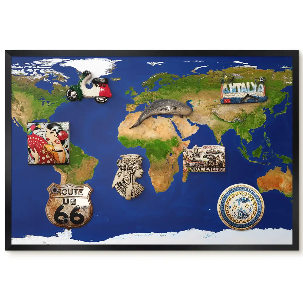 Metalowa tablica magnetyczna Mapa świata z błękitnym oceanem w czarnej ramie