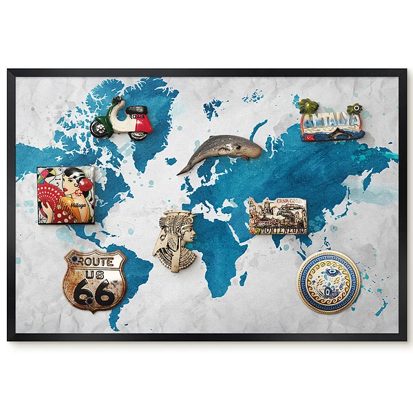 Tablica magnetyczna Mapa świata akwarela niebieska w czarnej ramie