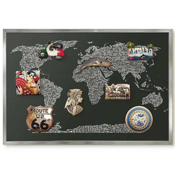 Tablica magnetyczna na ścianę Mapa świata w srebrnej ramie