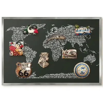 Tablica magnetyczna na ścianę Mapa świata w srebrnej ramie