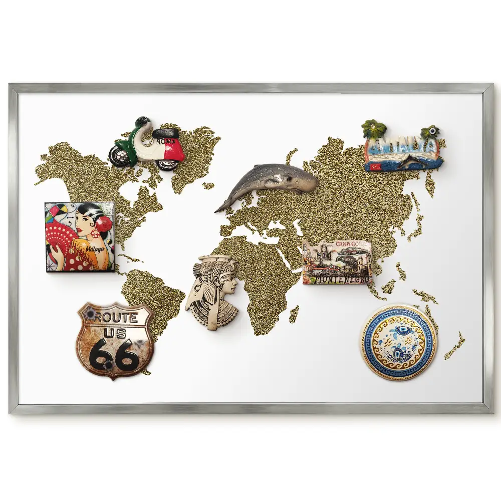 Tablica magnetyczna na ścianę Mapa świata z żółtych ziaren w srebrnej ramie