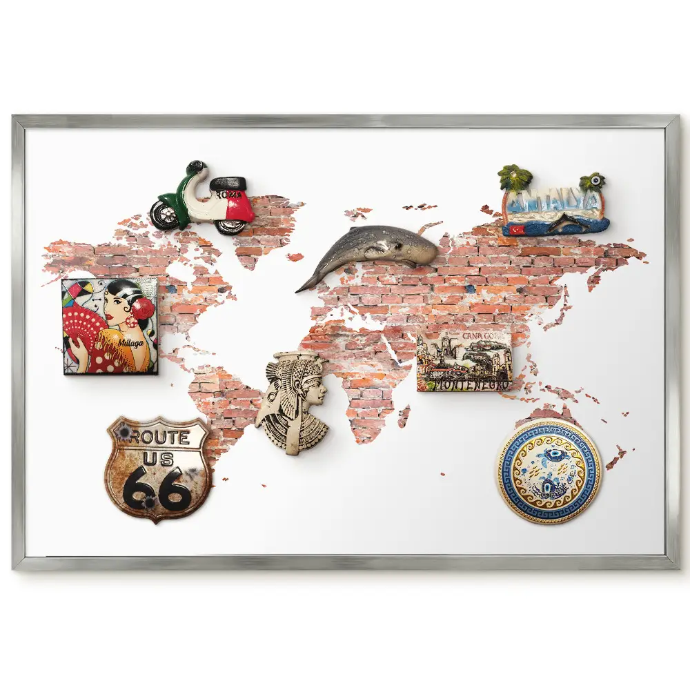 Tablica magnetyczna z motywem ceglanego świata na białym tle w srebrnej ramie
