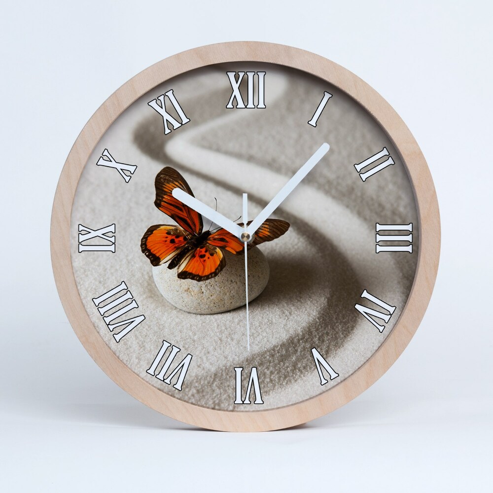 Zegar drewniany wiszący Kamień zen i motyl