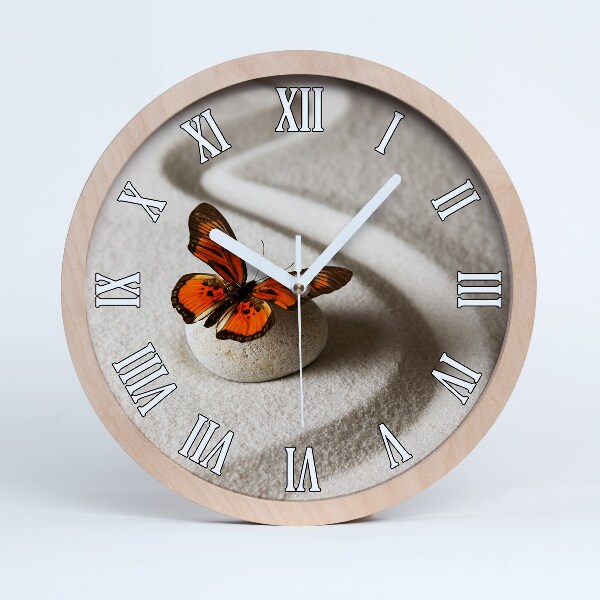 Zegar drewniany wiszący Kamień zen i motyl