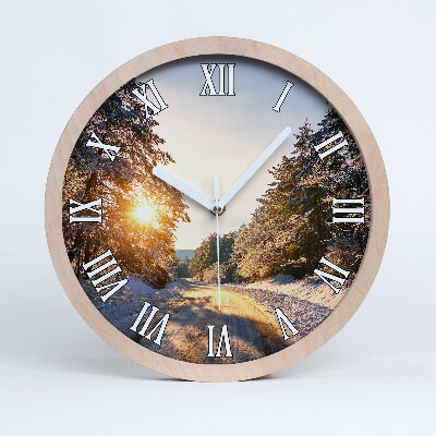 Zegar na ścianę drewniany Droga w lesie zimą